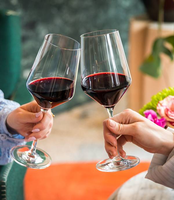 Toasting with glasses of red wine, surrounded by vibrant flowers and greenery at the stylish restaurant, Celia Amsterdam.